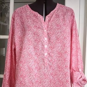 LIBERTY Top Tunic Polished Cotton Floral Red White Adjust Sleeve M